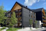 This stunning modern apartment building boasts a sleek black exterior with wood accents, offering breathtaking mountain views.