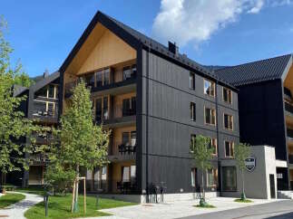 This stunning modern apartment building boasts a sleek black exterior with wood accents, offering breathtaking mountain views.