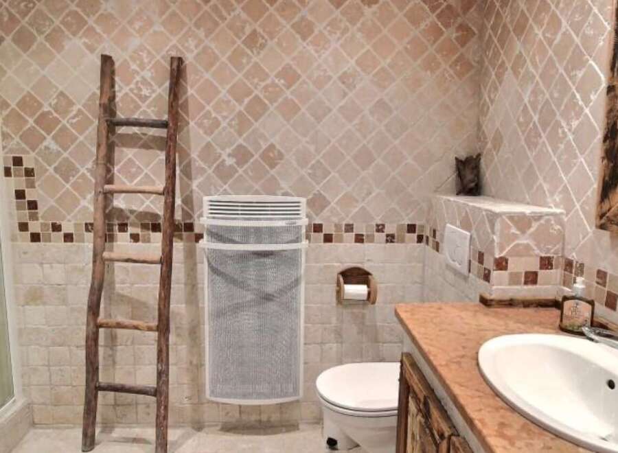 Rustic bathroom with unique tile work and wooden ladder.