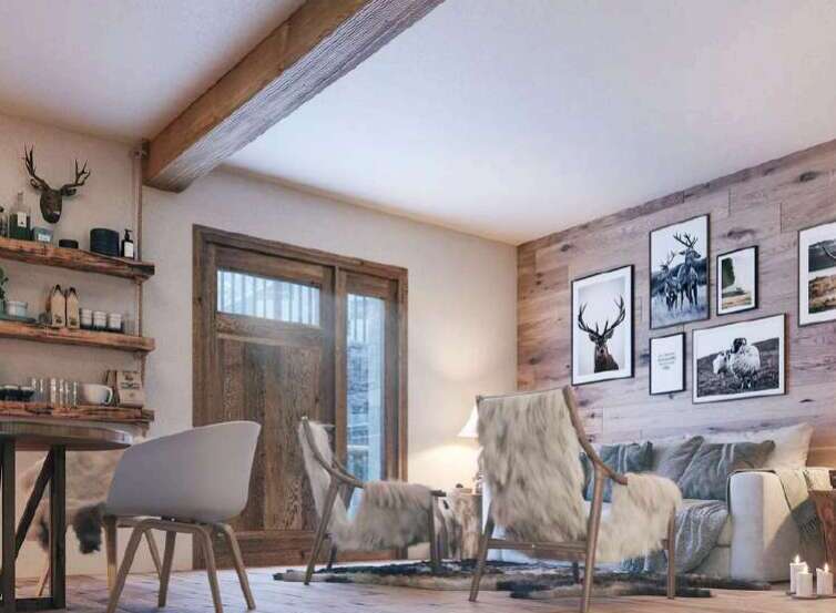 Rustic mountain retreat with wood-beamed ceilings and a cozy living area.