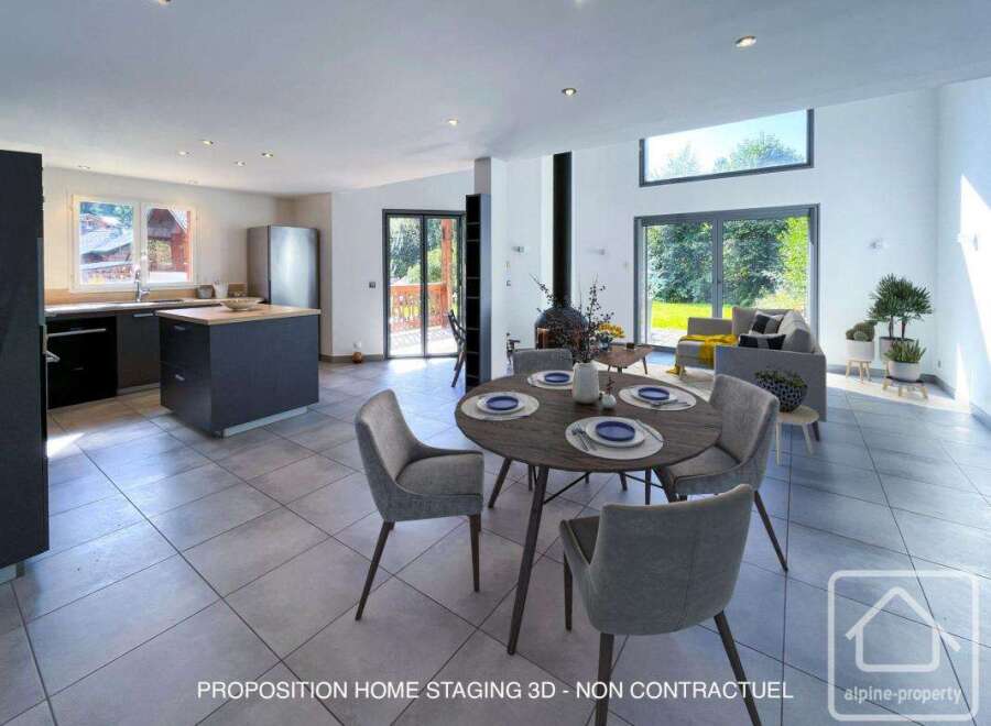 This stunning open-plan property boasts a modern kitchen, spacious dining area, and a relaxing living room with large windows offering ample natural light and views of the garden.