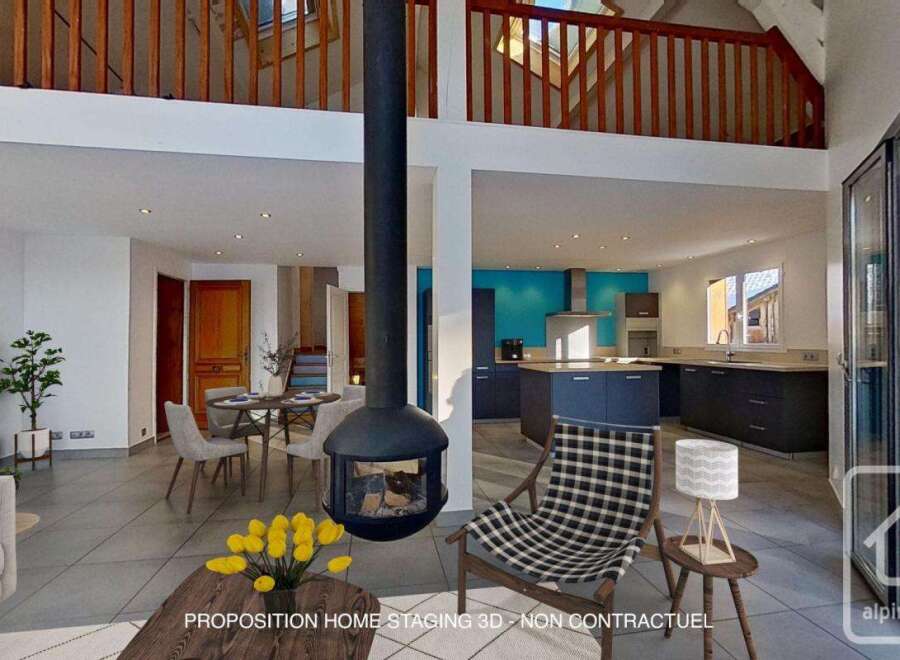 Stunning open-plan living space with a modern kitchen and a cozy fireplace, perfect for entertaining.