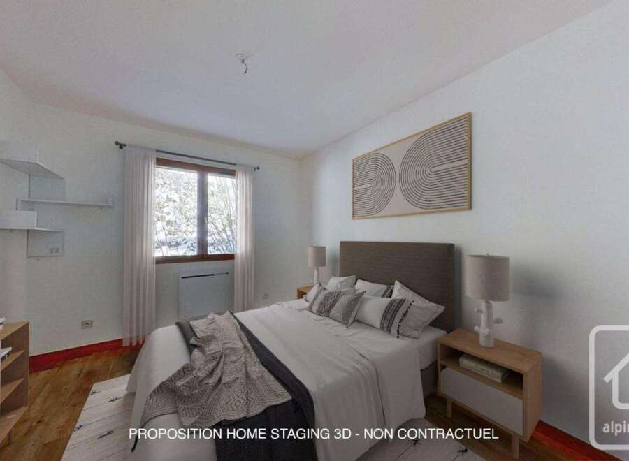 Cozy bedroom with a modern design, featuring a comfortable bed, stylish nightstand, and built-in shelving.
