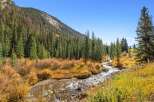 This serene landscape showcases a crystal-clear stream gently meandering through a vibrant meadow, surrounded by lush evergreen forests and majestic mountains.