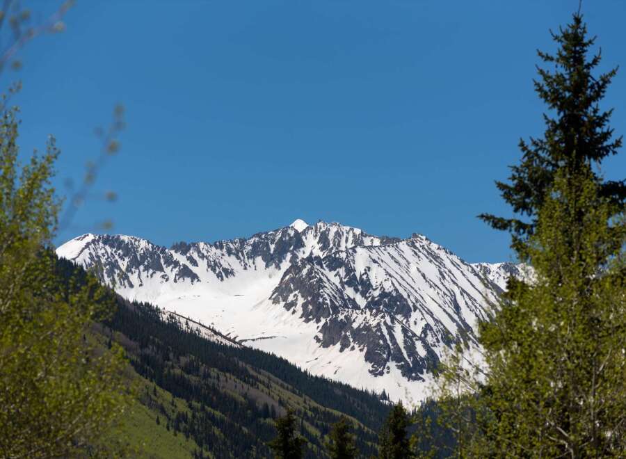 Majestic snow-capped mountains rise in the distance, their peaks partially obscured by lush green trees in the foreground.