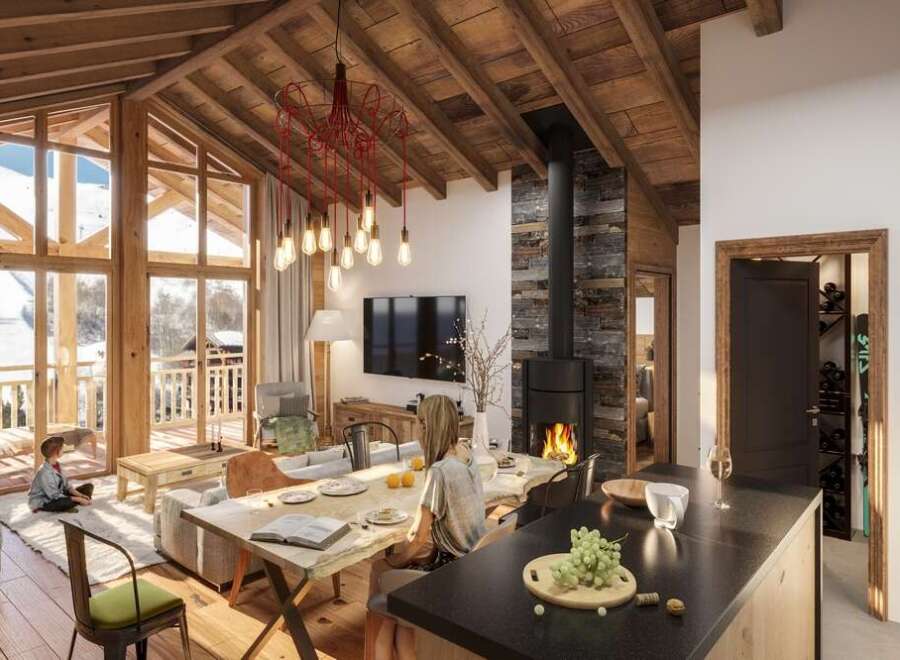 Luxury chalet apartment with stunning mountain views and spacious open-plan living.