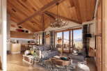 This stunning chalet boasts a spacious open-plan living area with vaulted wooden ceilings and large windows offering breathtaking mountain views.