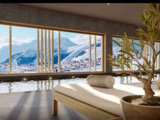 Luxury mountain spa with indoor pool and stunning views.