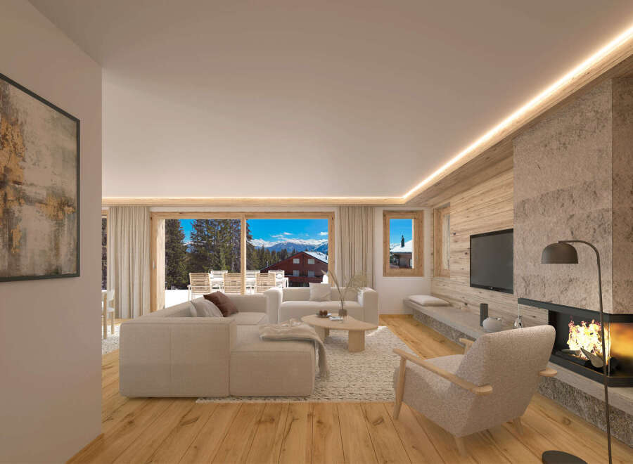 This stunning chalet boasts a spacious open-plan living area with floor-to-ceiling windows offering breathtaking mountain views.