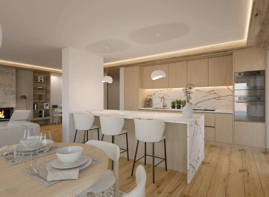 This stunning apartment boasts a modern open-plan kitchen with sleek cabinetry and a marble island, perfect for entertaining.