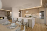This stunning apartment boasts a modern open-plan kitchen with sleek cabinetry and a marble island, perfect for entertaining.