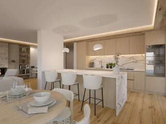 This stunning apartment boasts a modern open-plan kitchen with sleek cabinetry and a marble island, perfect for entertaining.