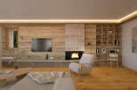 This stunning living room boasts a cozy fireplace, built-in shelving, and a large TV, perfect for relaxing evenings.