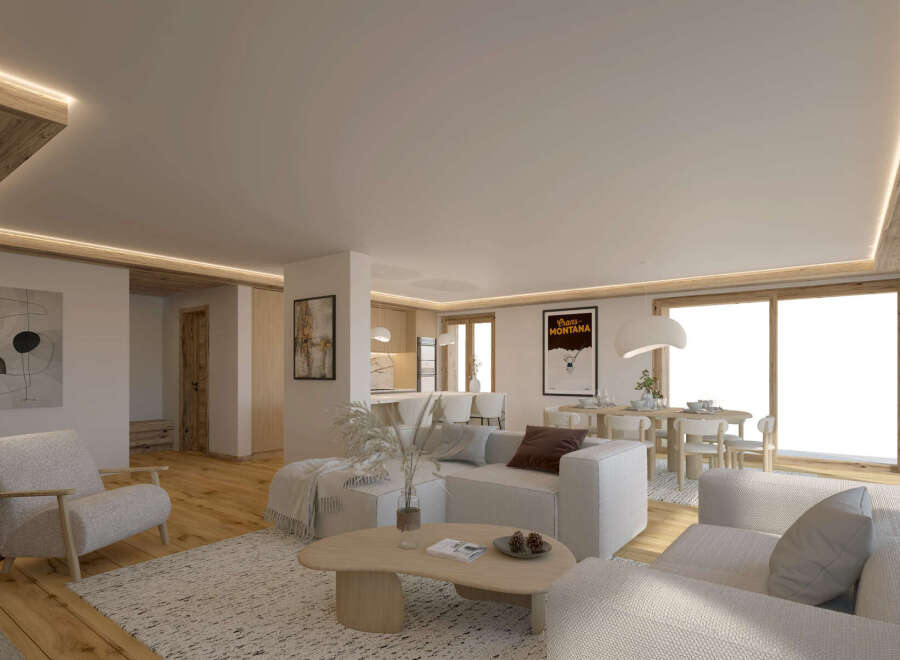 This stunning apartment boasts an open-plan living area with hardwood floors, a cozy seating arrangement, and large windows offering ample natural light.