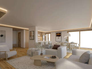 This stunning apartment boasts an open-plan living area with hardwood floors, a cozy seating arrangement, and large windows offering ample natural light.
