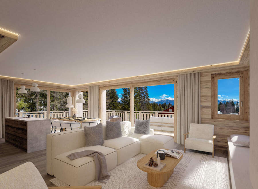 This stunning apartment boasts an open-plan living area with floor-to-ceiling windows offering breathtaking mountain views.