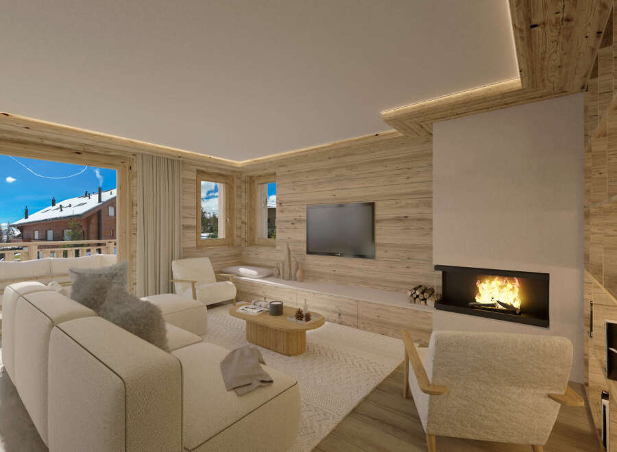 This stunning chalet boasts a spacious open-plan living area with floor-to-ceiling windows offering breathtaking mountain views.