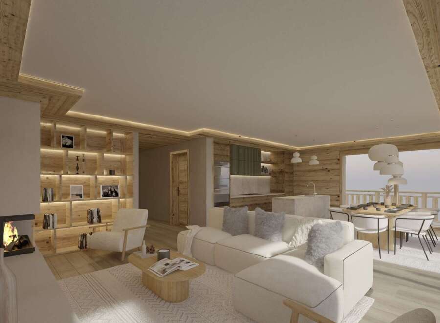 This stunning apartment boasts an open-plan living area with a cozy fireplace, a modern kitchen, and a spacious dining area perfect for entertaining.