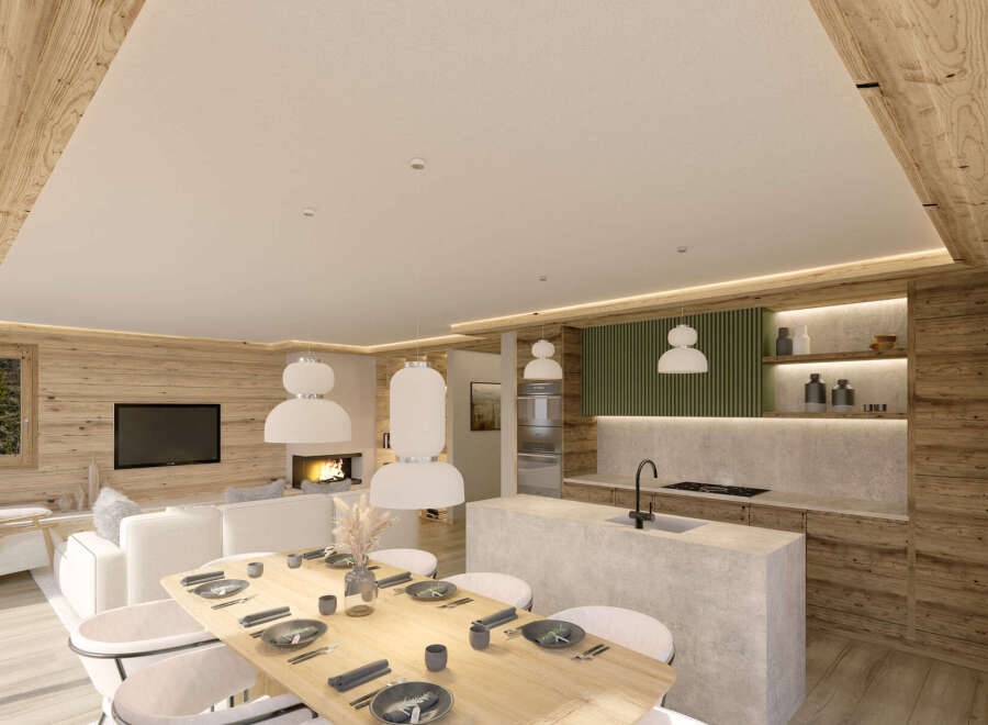 This stunning chalet boasts an open-plan living area with a cozy fireplace, seamlessly flowing into a modern kitchen with sleek countertops and wooden cabinetry.