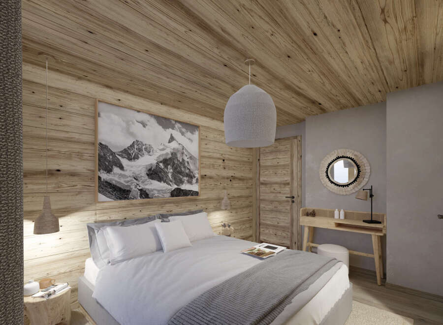 This stunning bedroom boasts a cozy wooden interior with a large picture window offering breathtaking mountain views.