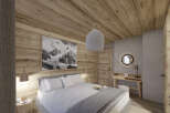 This stunning bedroom boasts a cozy wooden interior with a large picture window offering breathtaking mountain views.