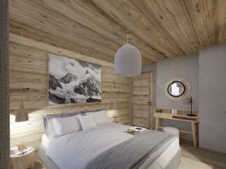 This stunning bedroom boasts a cozy wooden interior with a large picture window offering breathtaking mountain views.