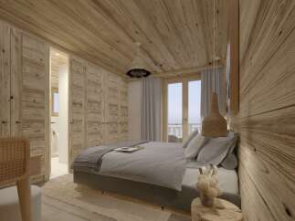 This stunning bedroom boasts a cozy and modern design, featuring a plush gray bed, wooden walls and ceiling, and large windows offering breathtaking views.