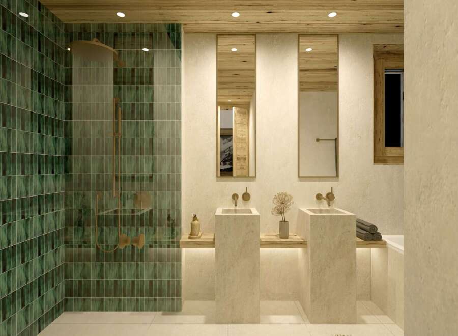 This luxurious bathroom boasts a stunning green tile shower, complemented by sleek, minimalist sinks and mirrors.