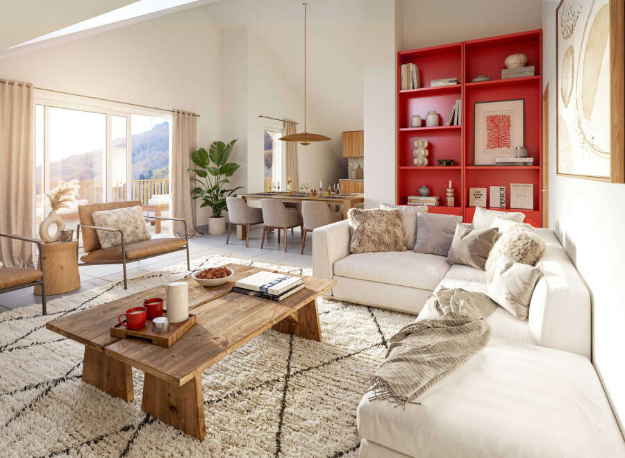 Stunning open-plan living space with floor-to-ceiling windows offering breathtaking mountain views.