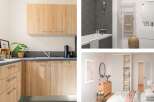 This stunning property boasts a modern kitchen with sleek wooden cabinets and a stylish tiled floor.