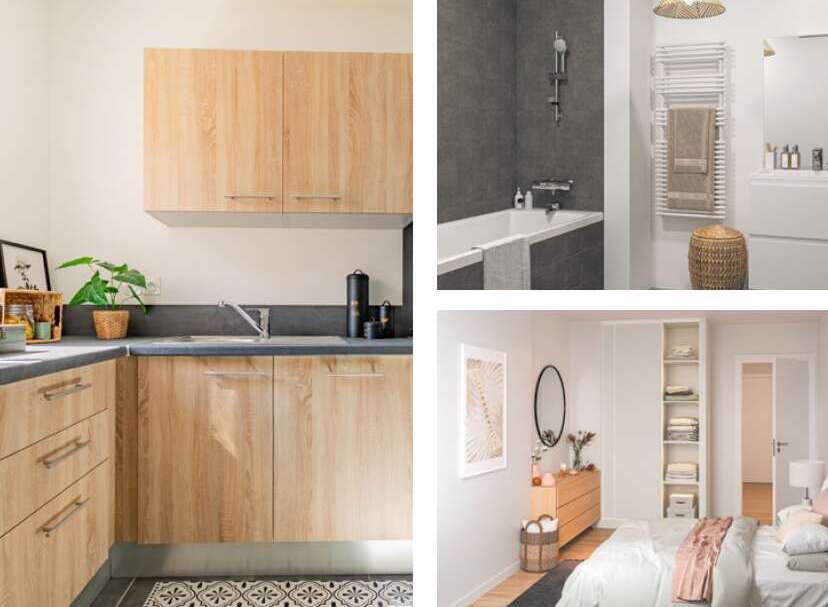 This stunning property boasts a modern kitchen with sleek wooden cabinets and a stylish tiled floor.