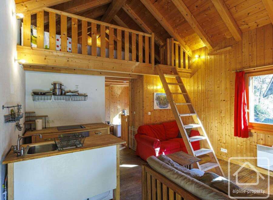 Cozy chalet apartment featuring a wooden interior, a mezzanine sleeping loft, and a well-equipped kitchenette.
