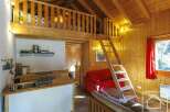 Cozy chalet apartment featuring a wooden interior, a mezzanine sleeping loft, and a well-equipped kitchenette.