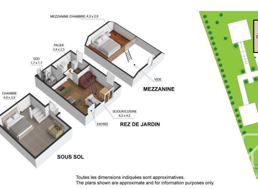 This charming chalet boasts a spacious living area, complete with a mezzanine level for added privacy and functionality.