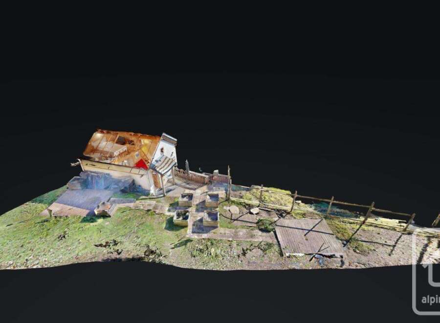 This 3D model showcases a charming property featuring a rustic house with an attached deck, surrounded by a lush green garden with raised garden beds.
