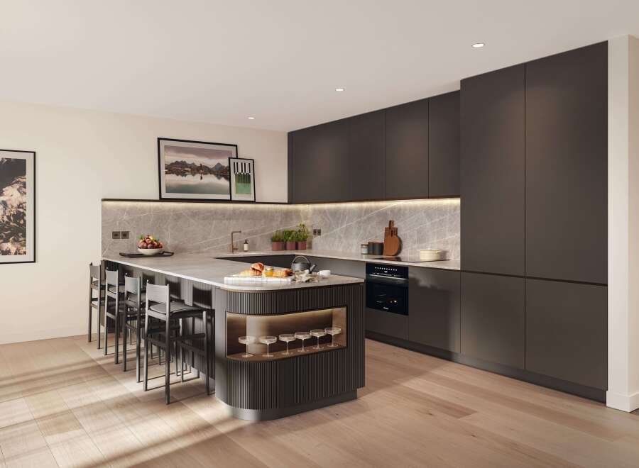 This stunning kitchen boasts a sleek, modern design with dark cabinetry and a spacious island featuring integrated storage.