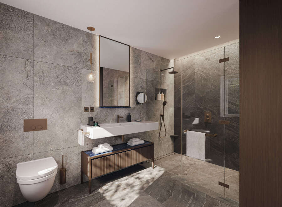 This luxurious bathroom boasts a spacious walk-in shower with glass enclosure, a sleek floating sink vanity with ample storage, and modern matte black fixtures.
