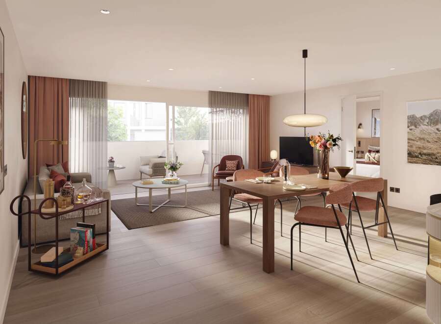 This stunning apartment boasts an open-plan living area with floor-to-ceiling windows offering ample natural light and views of the surrounding area.