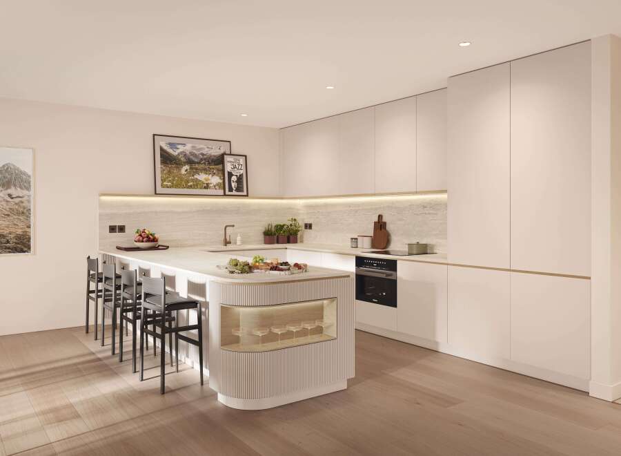 This stunning kitchen boasts a sleek, modern design with light beige cabinetry and a spacious island featuring integrated storage and a wine glass rack.