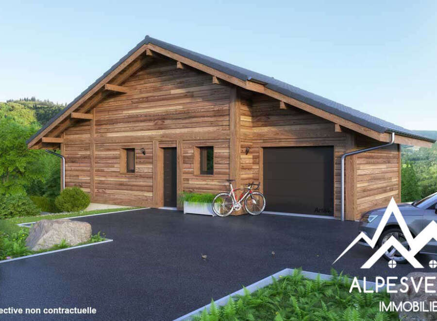 Stunning chalet with attached garage, nestled in a picturesque mountain setting.