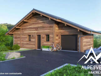 Stunning chalet with attached garage, nestled in a picturesque mountain setting.