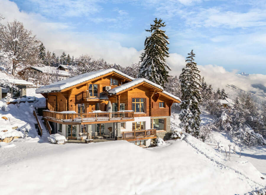 Experience the ultimate winter escape in this stunning chalet nestled in a snowy landscape.