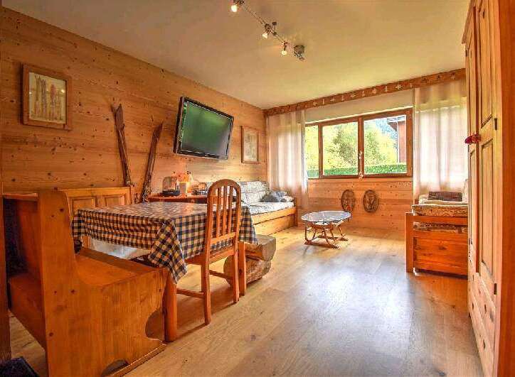 Cozy wooden chalet apartment with stunning mountain views.