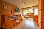 Cozy wooden chalet apartment with stunning mountain views.