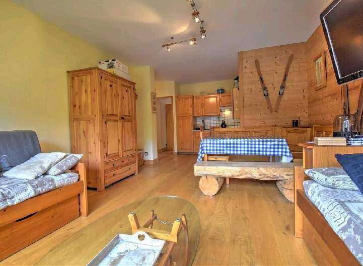 Cozy chalet apartment with wooden features and stunning mountain views.