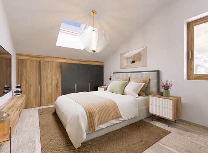 This stunning bedroom boasts a cozy and modern design, featuring a comfortable bed with a neutral color palette and stylish wooden accents.