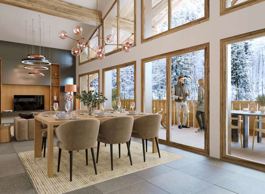 This stunning property boasts a spacious open-plan living area with floor-to-ceiling windows offering breathtaking views of a snowy landscape.