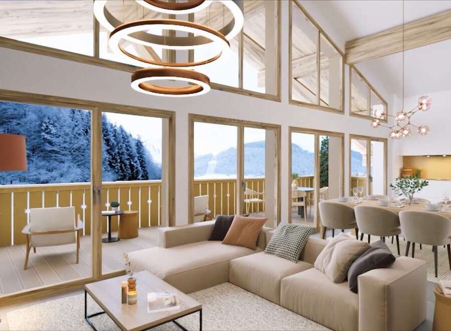 Luxurious chalet apartment boasting breathtaking mountain views and a spacious open-plan living area.