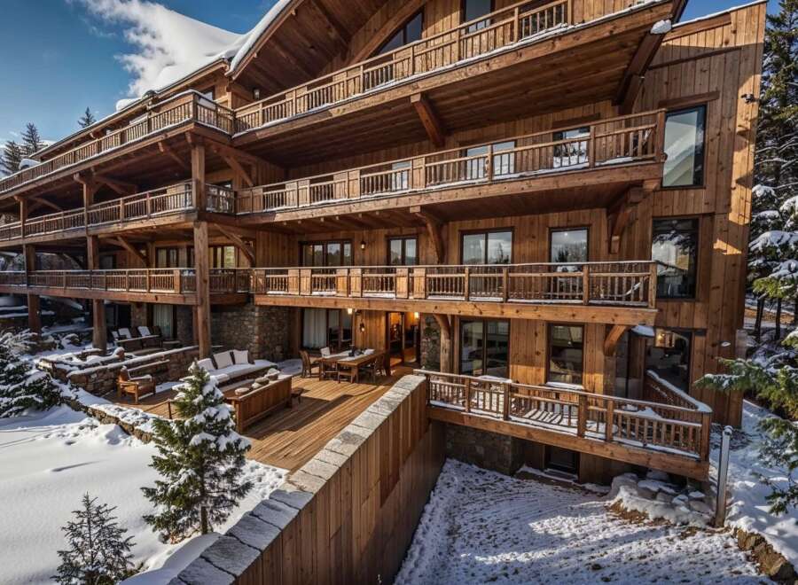 This stunning chalet boasts multiple levels of expansive wooden balconies, offering breathtaking views of the snowy landscape.
