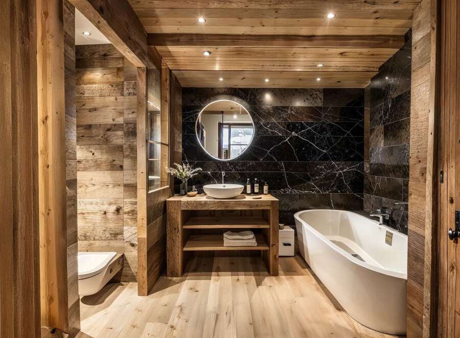 This luxurious bathroom boasts a stunning combination of rustic wood paneling and sleek black marble tiles, creating a warm and sophisticated ambiance.